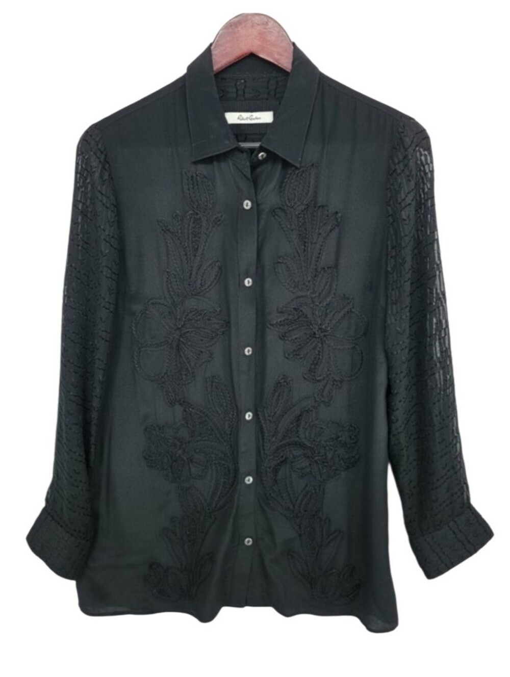 Robert Graham 100% Silk Black Floral Embroidered Blouse Long Sleeve